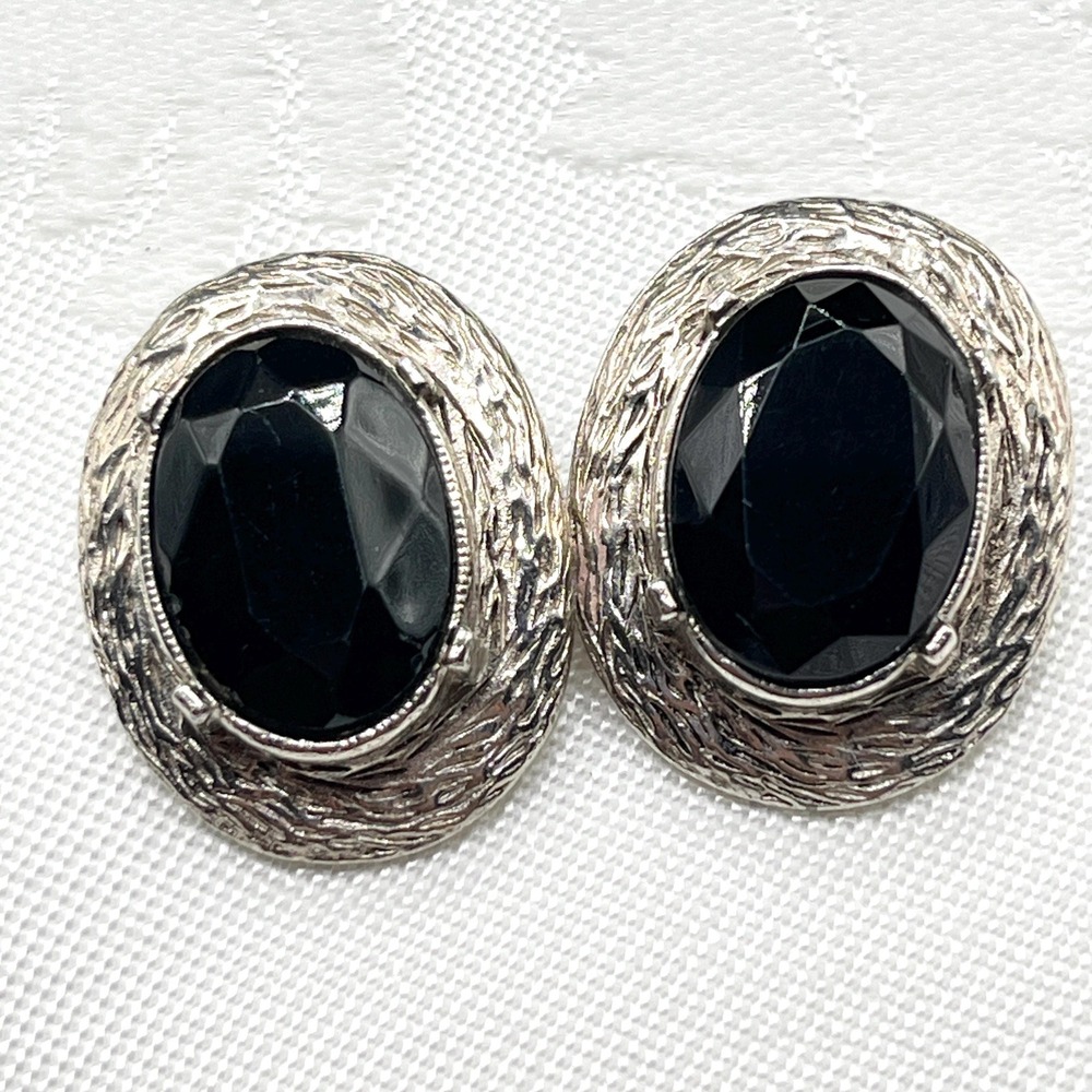 Vintage Deco Style Silver Tone Clip-On Earrings w/ Faceted Black Glass Cabochons
